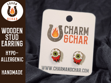 Bloody Eyeball Wood Stud Earrings - Halloween Fashion Earring - Stud Earring - Charm and Char